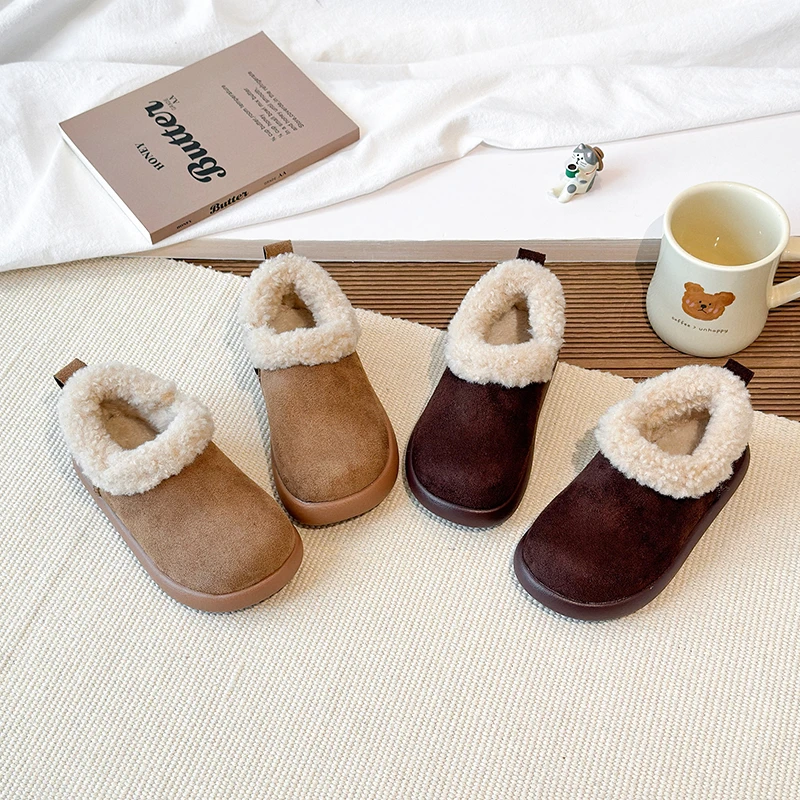

Новая зимняя детская плюшевая обувь, повседневная модная хлопковая обувь для девочек на толстой подошве, нескользящая детская уличная теплая обувь без шнуровки, простая