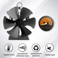 6 Blades Black Fireplace Fan+Thermometer Heat Powered Stove Fan Eco-fan Quiet Fan Log Wood Burner Efficient Heat Distribution