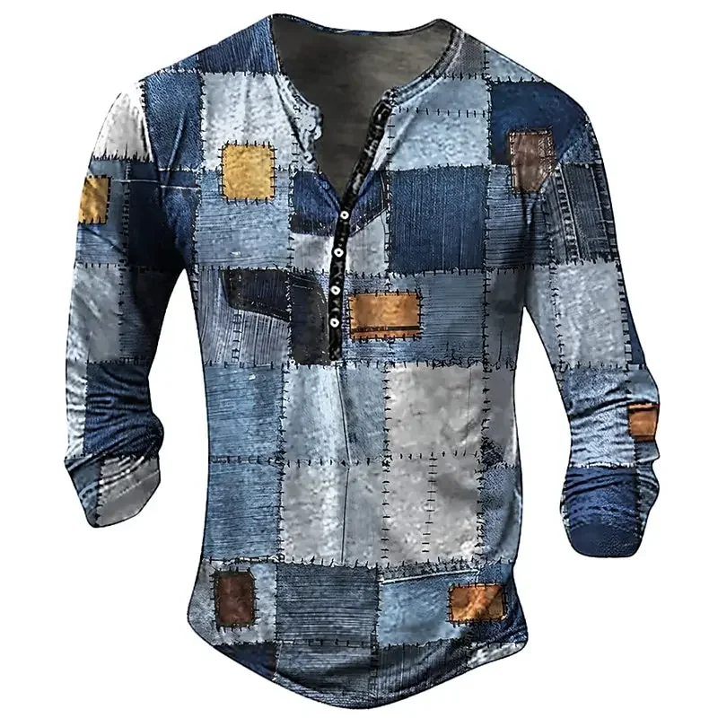 Patchwork Vintage Men\'s T Shirt Cotton T Shirt Plaid Printed T Shirt Long Sleeve Hennessy Shirt Oversized Men\'s Tops T Shirt