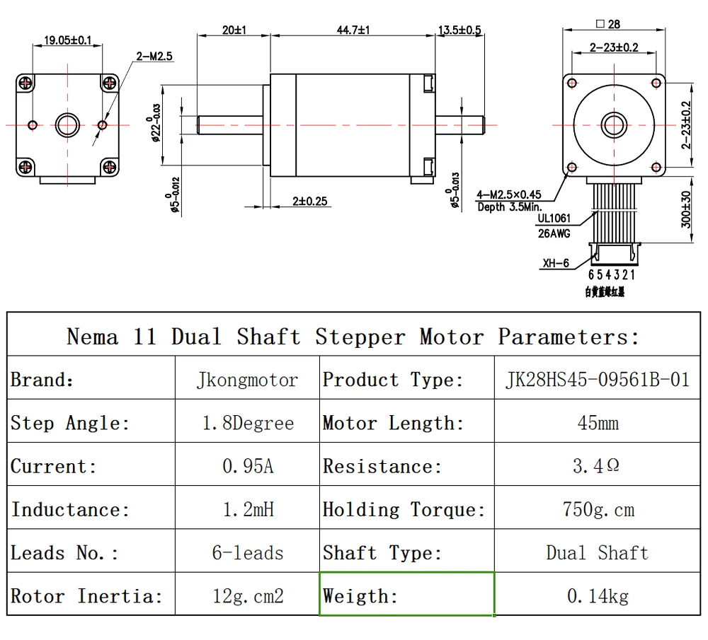 Jkongmotor 4phase Dual Shaft Nema11 Stepper Motor 1.8deg 7.5Ncm(10.62oz.in) 0.95A 6-lead Step Motor for DIY CNC 3D Printer Motor