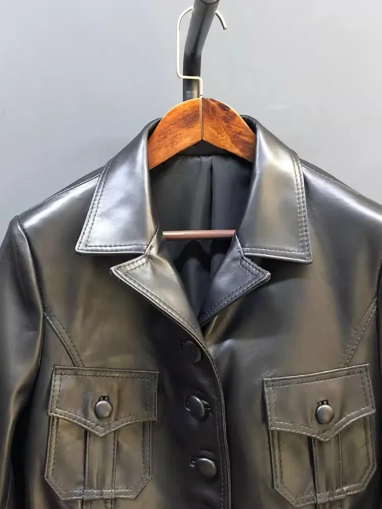 Punk Women Genuine Leather Jacket Autumn Single Breasted Slim Fit Retro High Street Real Sheepskin Medium Long Windbreaker Coat