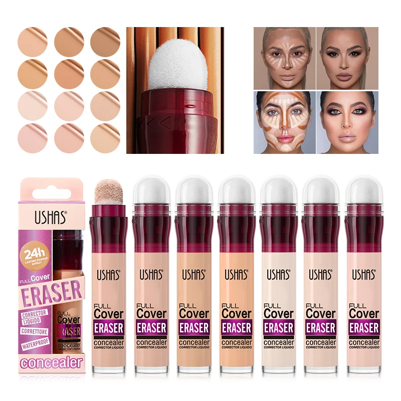 USHAS-corrector líquido de 12 colores, esponja giratoria hidratante, corrector de cabeza, base de maquillaje multiusos ligera de larga duración