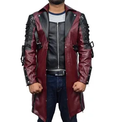 Long Leather Jacket Men Gothic Vintage PU Leather Trench Coats Fashion Moto Biker Outwear Mens Punk Style Motocycle Jackets Man