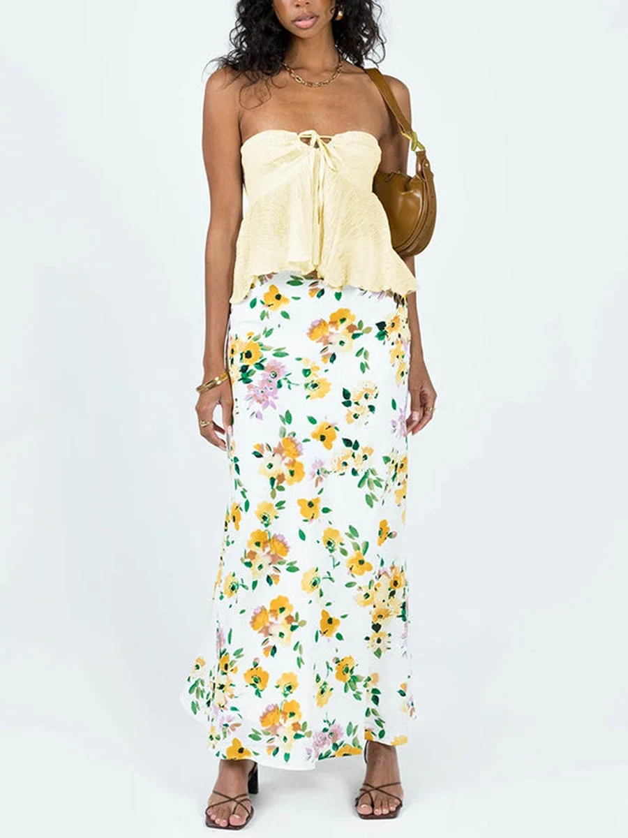 Chic Off-Shoulder Bandeau Ruffled Vest Tops Women Summer Sleeveless Backless Lacing Strapless Tank Tops Street Casual Pleat Top