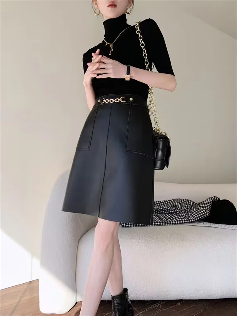 

Pu Leather Short Elegant Skirt Office Ladies Black A-line High Waist Fashion Sexy Skirt Women