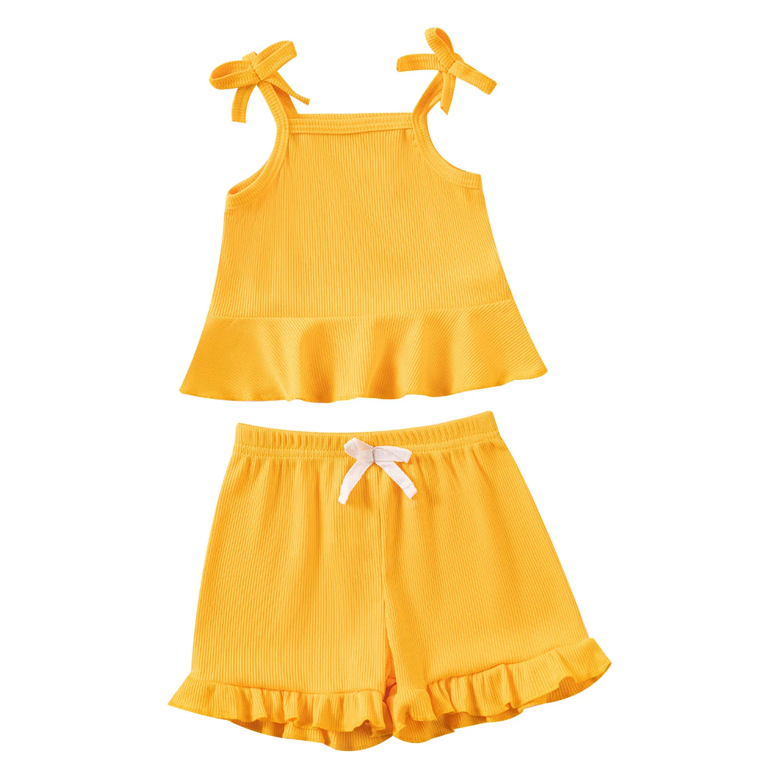 

Toddler Baby Girl Summer Clothing Sets Bowknot Spaghetti Strap Sleeveless Tops with Elastic Waistband Shorts for Play Wear