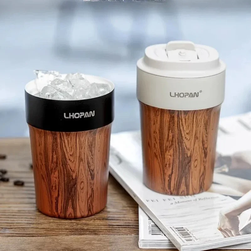 Portable Wood Grain Coffee Mug with Lid Vacuum Insulated Tumbler Thermos Cup for Hot/Cold Beverages Ceramic Coated Interior