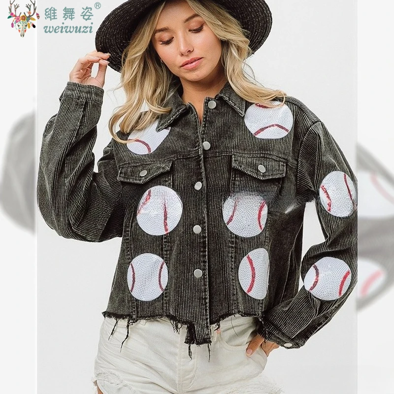 

Women Sequin Jackets Y2k Loose Baseball Rugby Coat Autumn Vintage Corduroy Single Breasted Casual Fashion Denim Top Outerwear