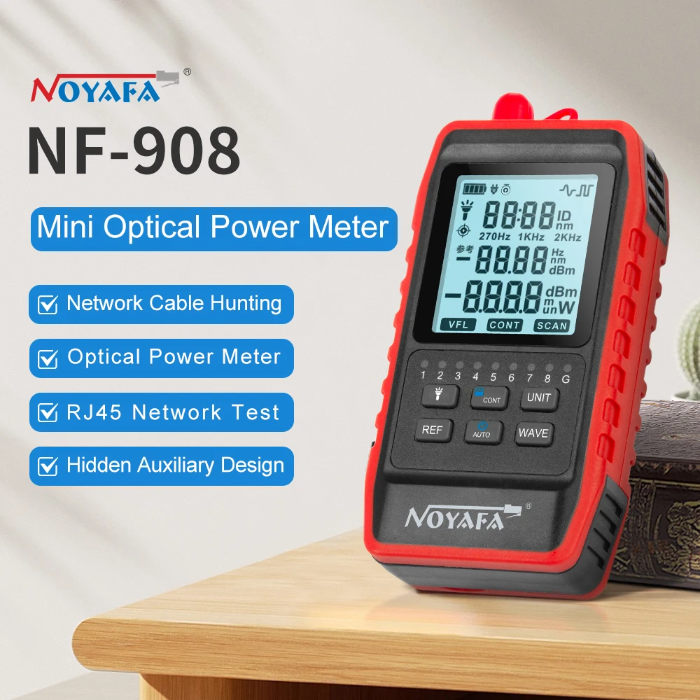 NOYAFA NF-908 مقياس الطاقة الضوئية FC SC ST جهاز اختبار الألياف البصرية شاشة الكريستال السائل محدد الأعطال البصرية كابل الشبكة تستر