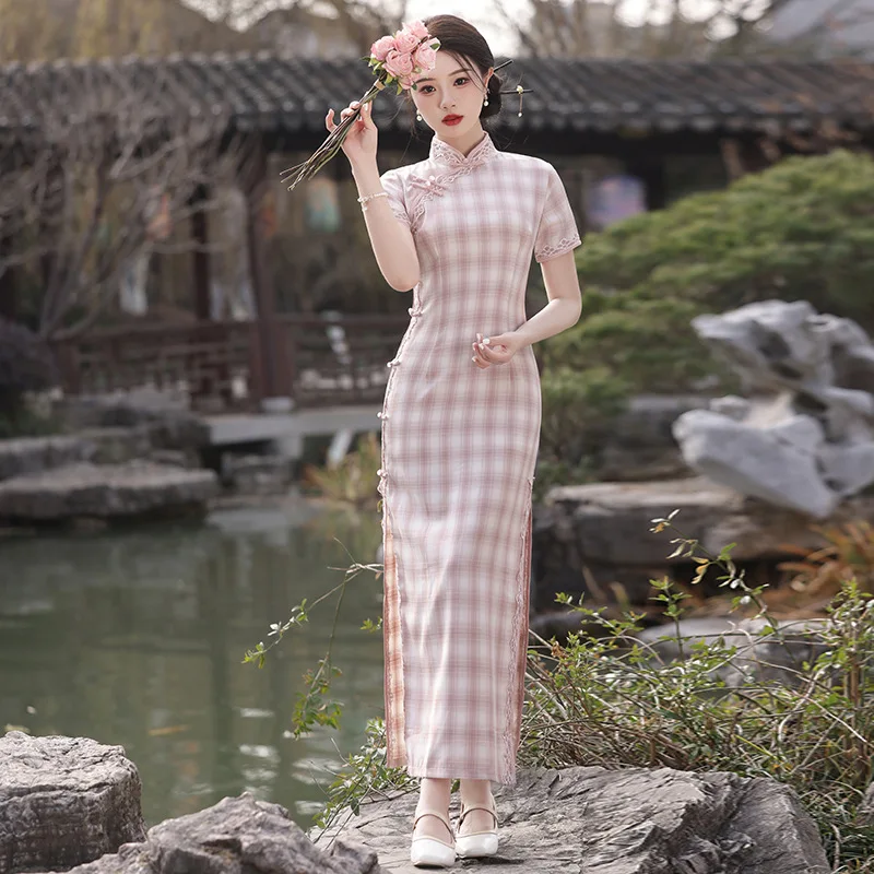 Pink Grid Cheongsam Chinese Traditional Clothing Retro Costume Stand Collar Short Sleeved Side Slit Slim Fit Dress for Women