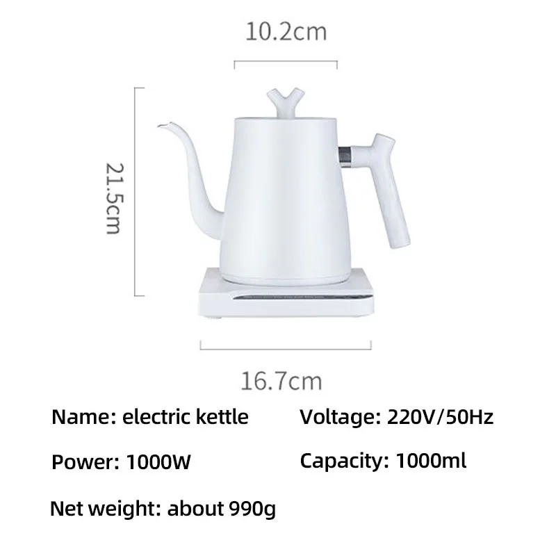 1000ml Gooseneck Electric Kettle Hand Brewing Coffee Pot Smart Temperature Control Teapot Slender Mouth Pot Boil Water Jug 220V