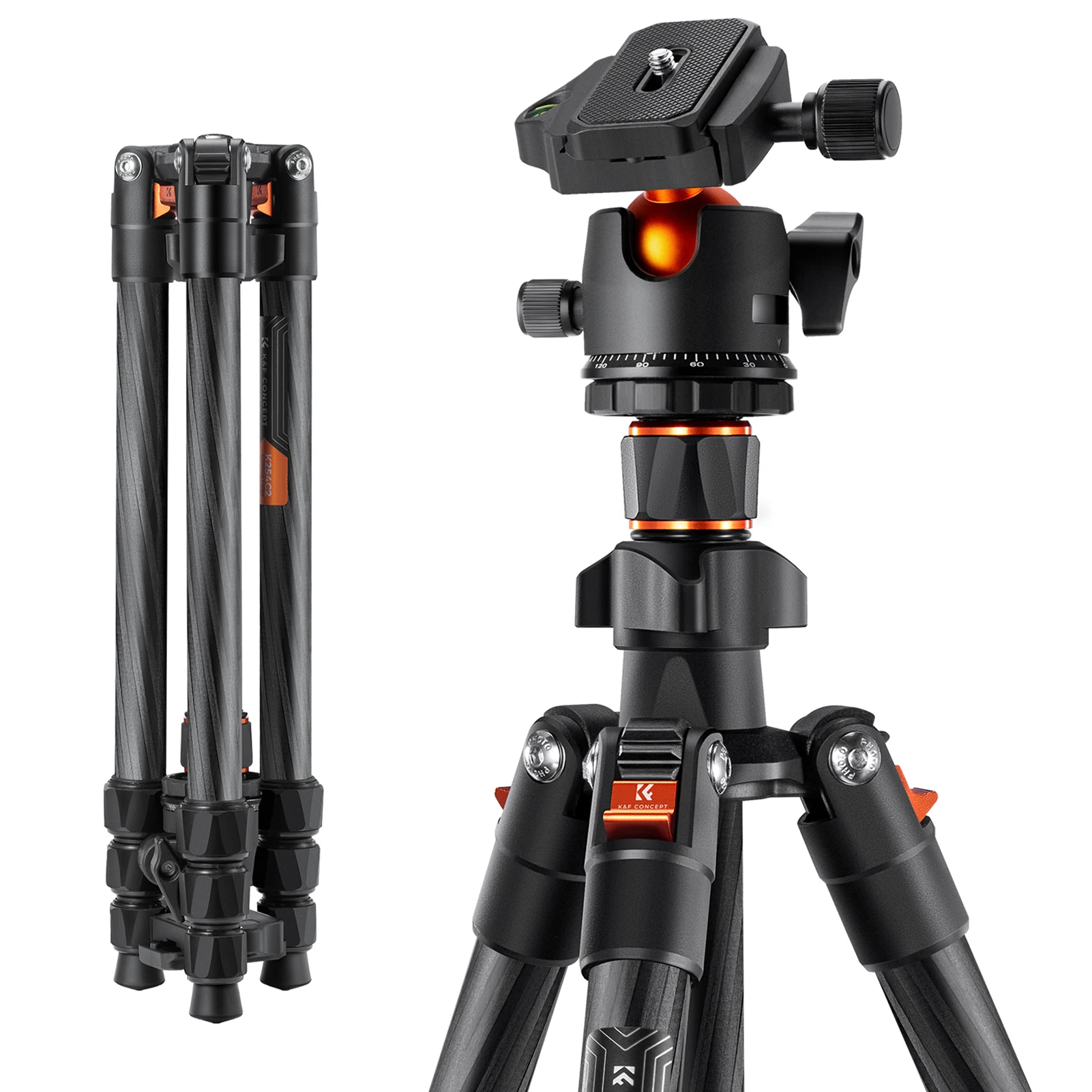 K&F CONCEPT 162cm Carbon Fiber Camera Tripod Stand 8kg Load Capacity Low Angle Photography Travel Tripod for DSLR Cameras