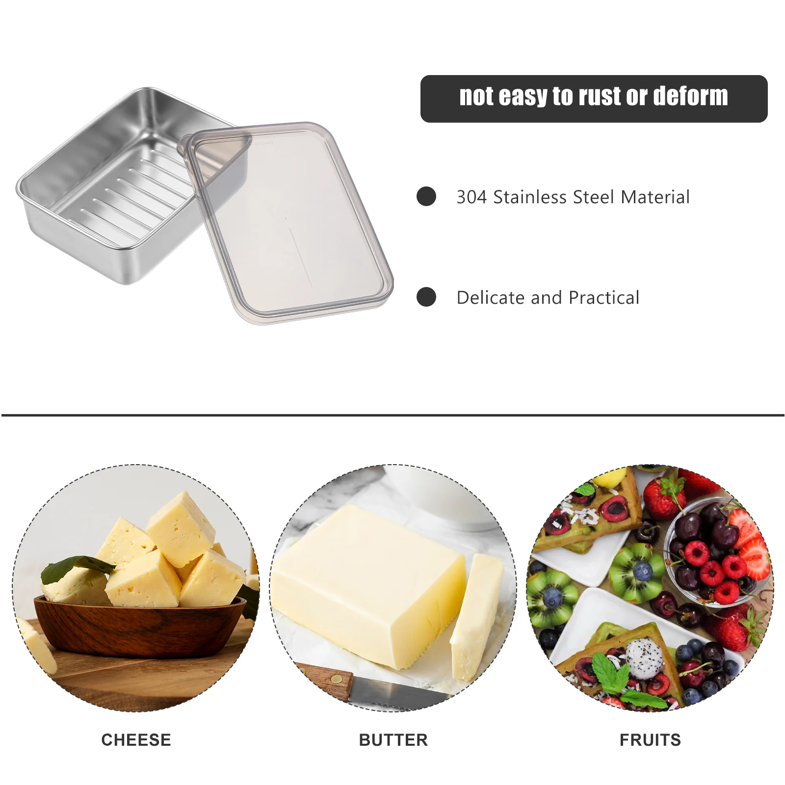 Cheese Container for Refrigerator Stainless Steel Crisper Portable Butter Cases Keeper
