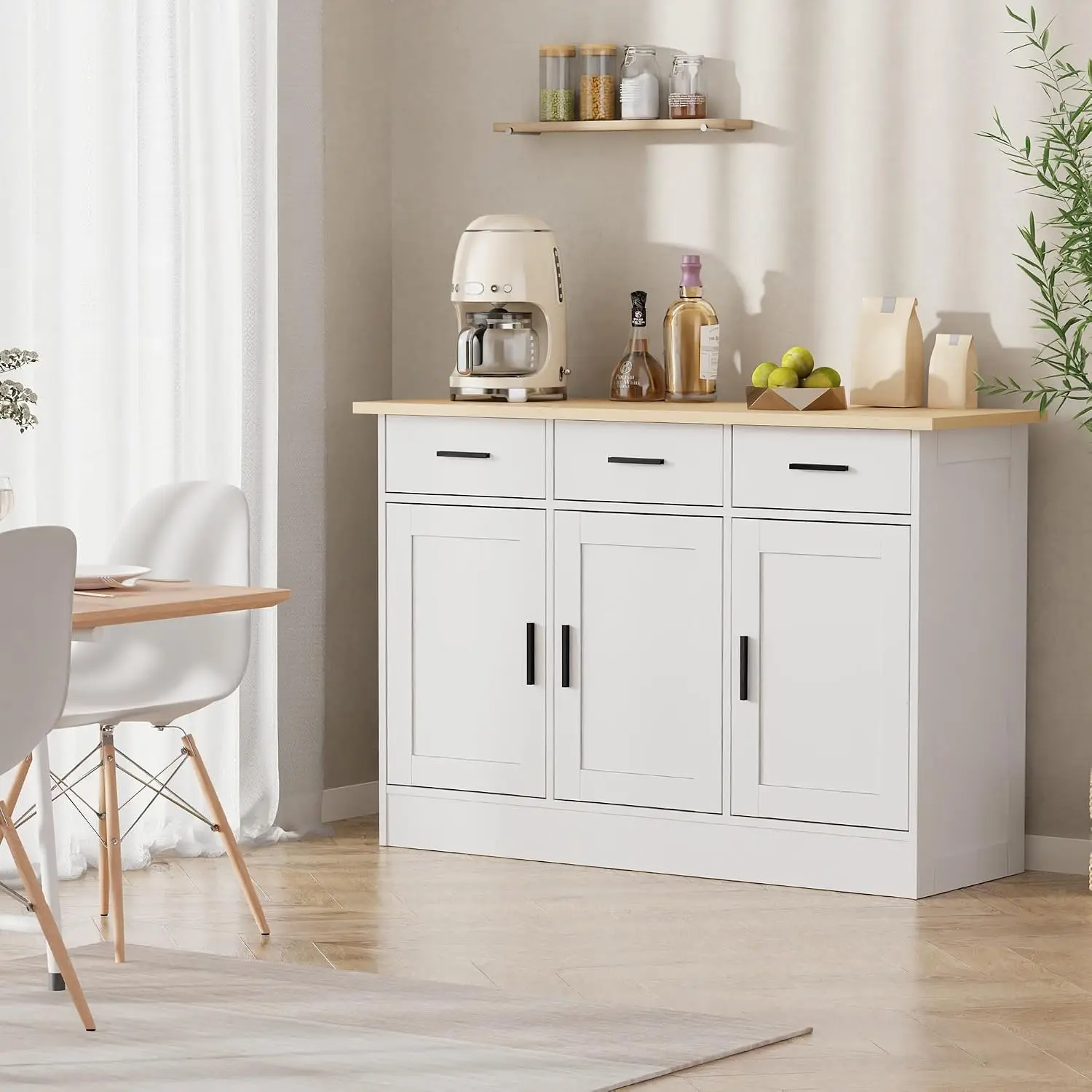 White Buffet Cabinet 3 Doors Drawers, Kitchen Sideboard Console Table Living Dining Room Entryway Storage, 47.2