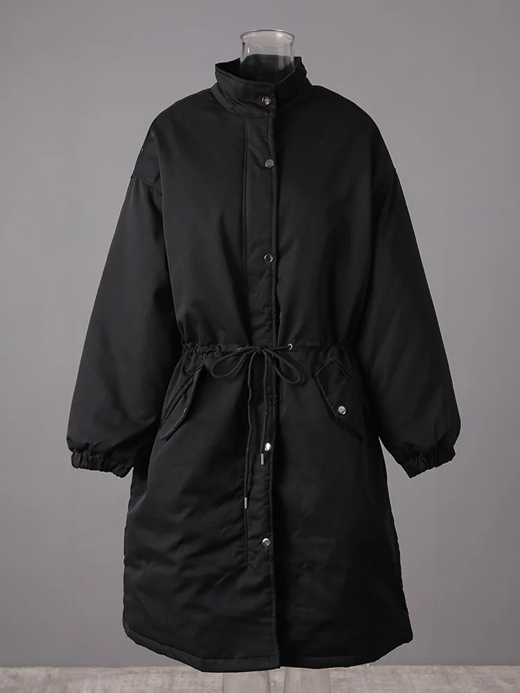 

Winter Stand Collar Long Down Jacket Female Warm Drawstring Knee Length Cotton Jacket Women Duck Down Workwear Thick Outwears