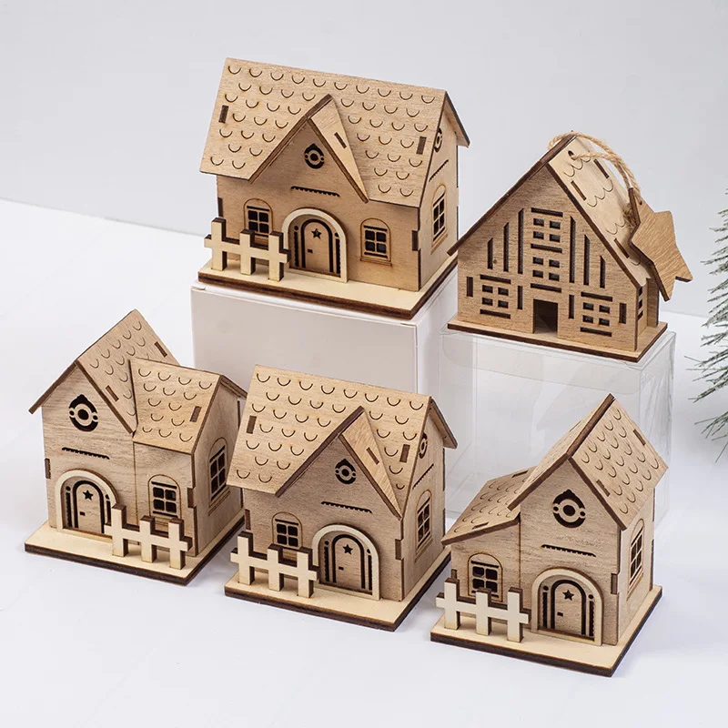 Christmas Wooden Atmosphere Luminous Small Wooden House Decorations Home Furnishings Holiday Wooden Handicraft Decorations