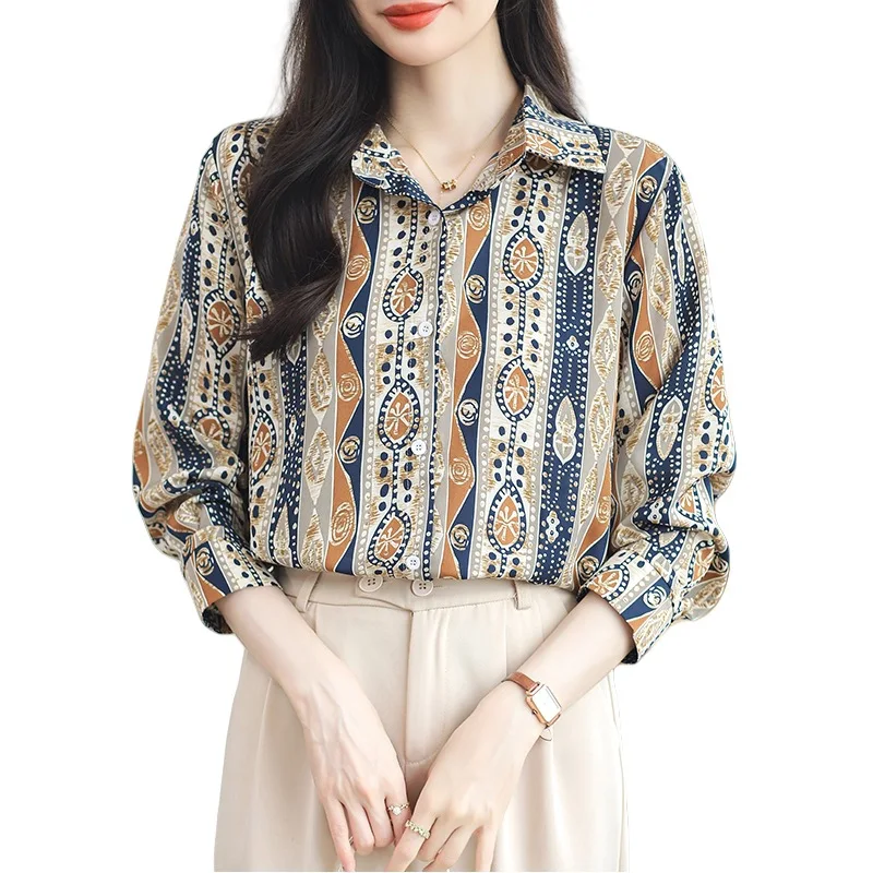 Spring Summer New Vintage Floral Print Long Sleeve Women's Chiffon Shirt Bohemian Style Floral Inner Force Elegant Casual