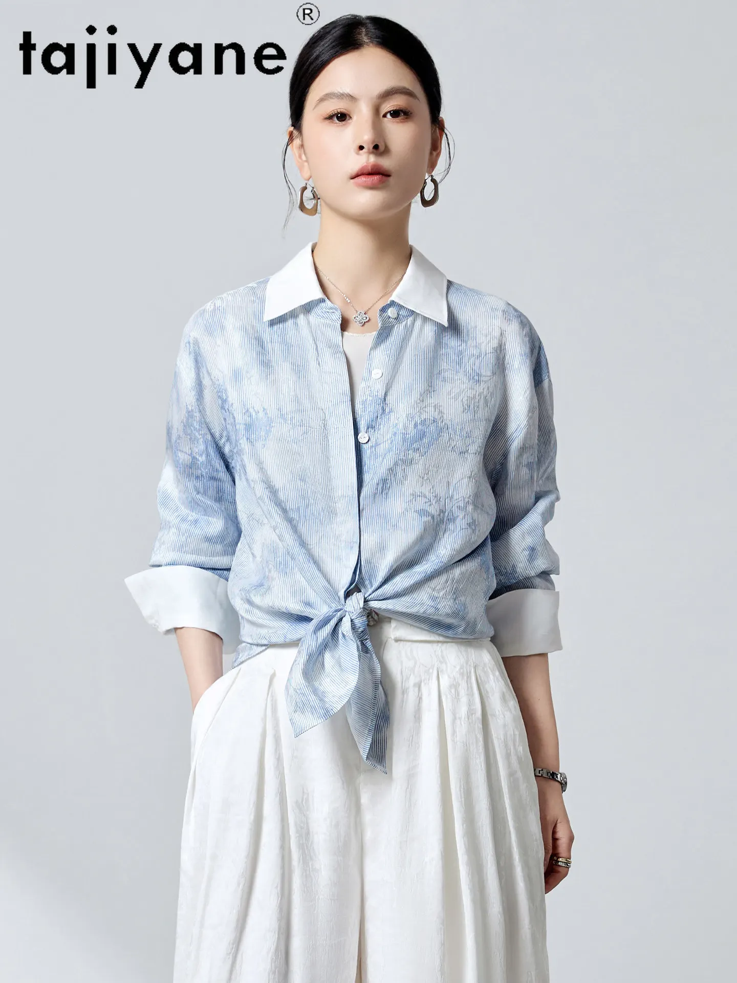 TAJIYANE 54.5% Mulberry Silk 45.5% Linen Blend Shirts Woman Elegant Jacquard Blouse Print Spring Tops 2026 Ladies Clothes одежда