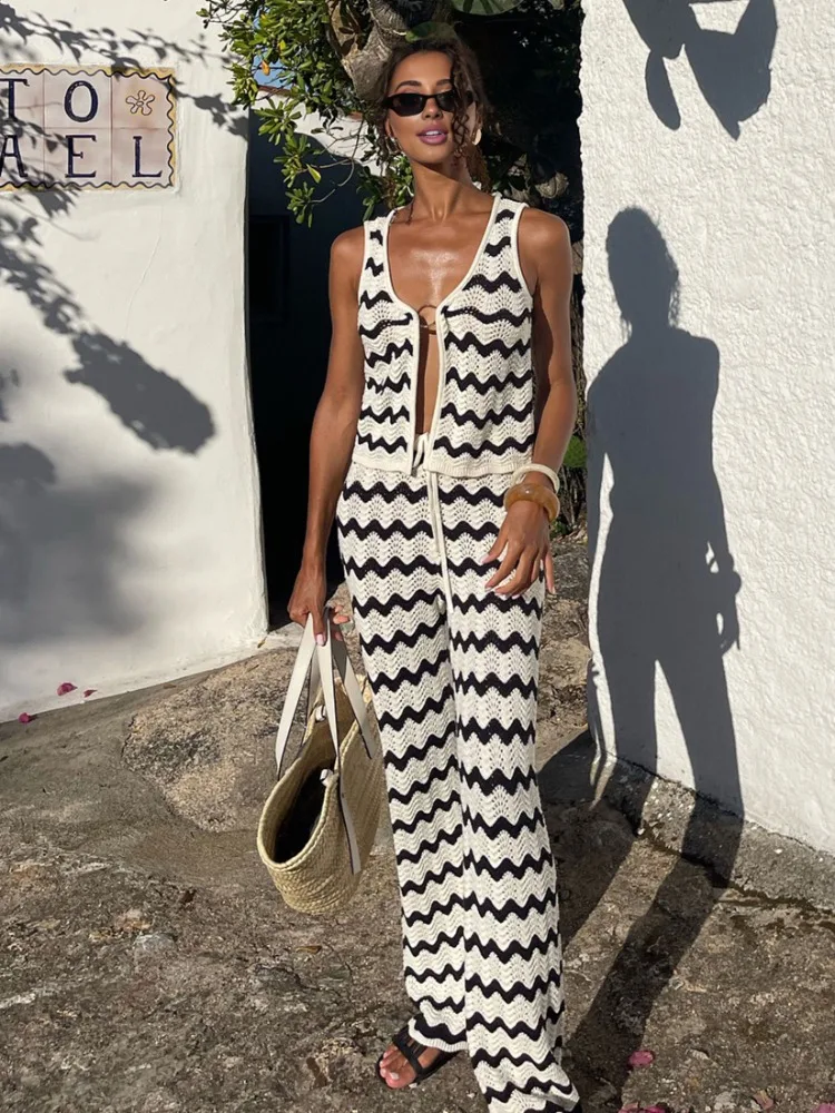 

2026 Wave Striped Knit 2 Piece-Set Women's Fashion Top Lace-up Long Pant Knitwear Sets Holiday Swimsuit Cover Up Outfits K130