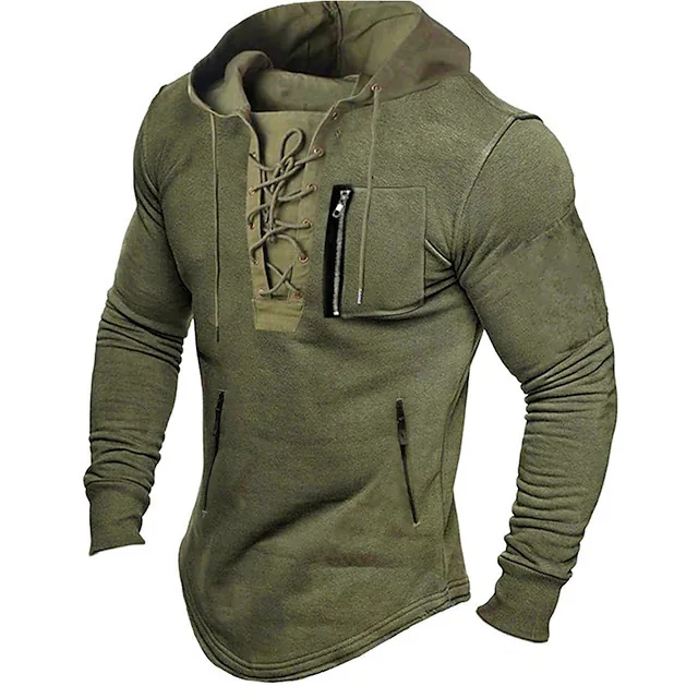 2025 Men Autumn Spring Top Lace Up Drawstring Solid Color Long Sleeve Zipper Pockets Pullover Streetwear Men Mid Length Hoodie