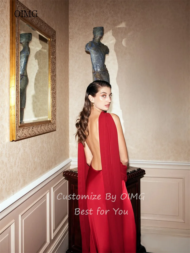 OIMG Semplice Rosso Backless Sirena Abiti da ballo Raso Senza maniche Abito da festa Lunghezza pavimento Abito da sera Abiti da gala Personalizzato