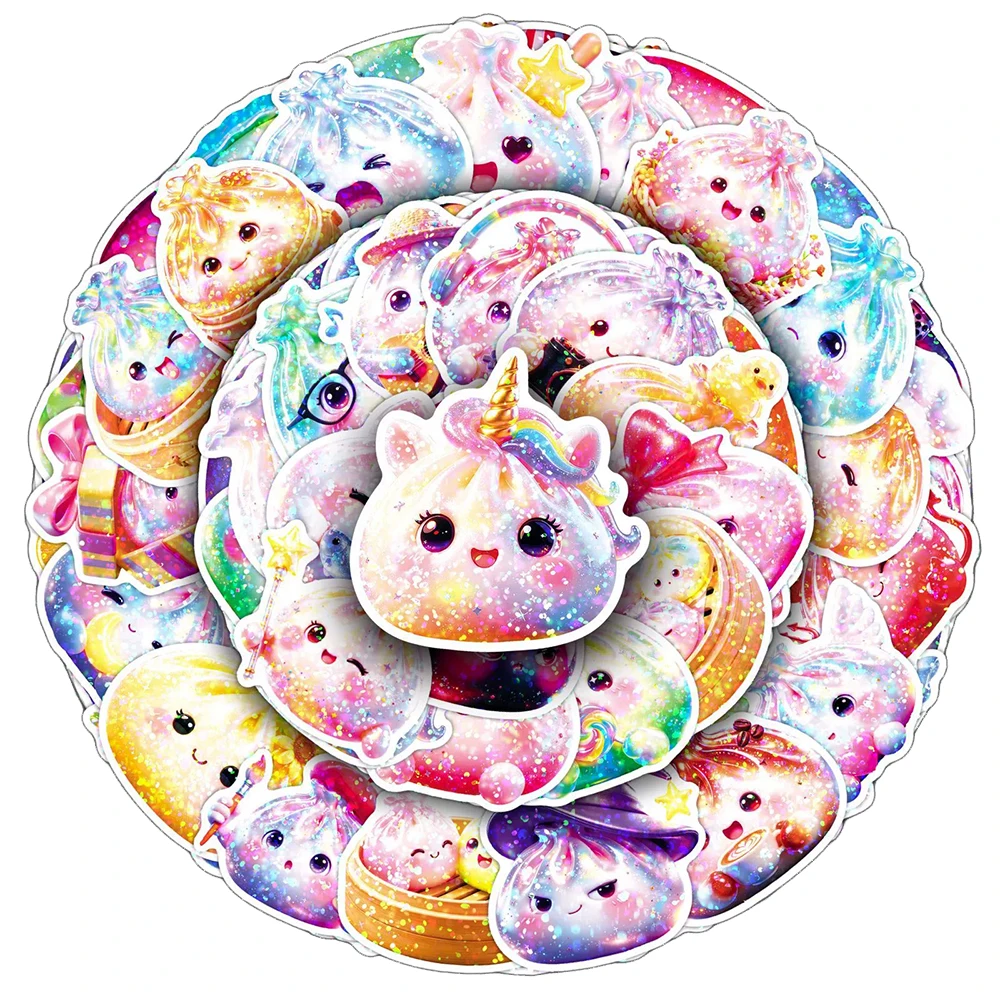 10/30/50pcs Laser Colorful Crystal Baozi Dumpling Stickers Cute Cartoon Steamed Buns Decals Water Bottle Suitcase Phone Sticker