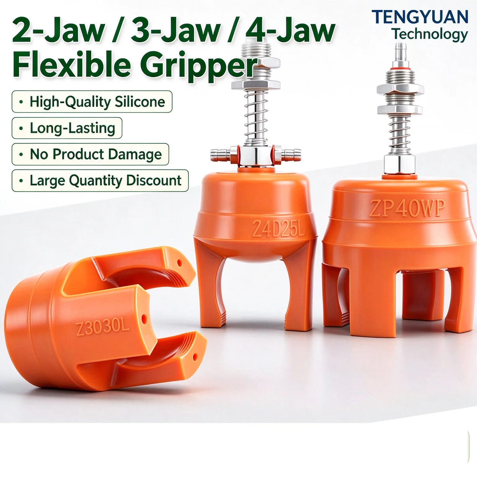 Z2D Series 2-Finger Pneumatic Gripper, 0-95mm, Silicone Suction Cup with Buckle/Hook for Injection Molding Robot