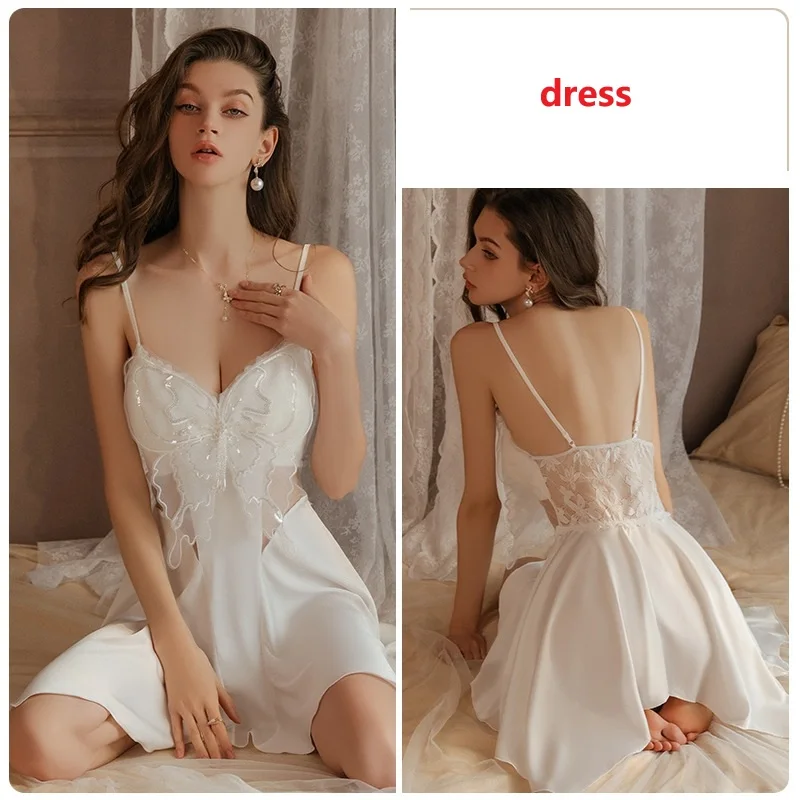 

Pink Wedding Robe Dress Sexy Chemise De Nuits Women's Sleepwear Sexy Butterfly Lace Nightgown Intimate Lingerie Satin Home Wear