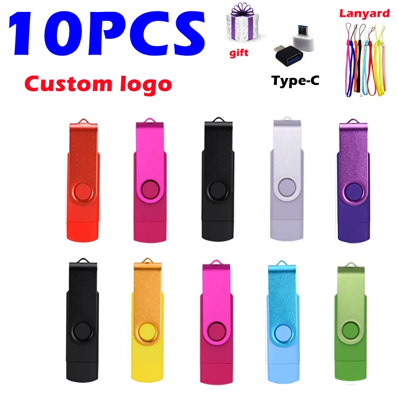 10PCS/LOT Custom Company Logo USB Flash Drive 4GB 8GB 16GB 32GB 64GB for Android Phone/Tablet /PC OTG Type-c USB 2.0 Pendrives