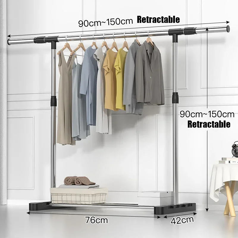 Tainless Steel Floor Drying Rack Double Scarf Lifting Pole Wheels Clothes Hanger Metal Indoor Garden Kledingrek Hall Furniture