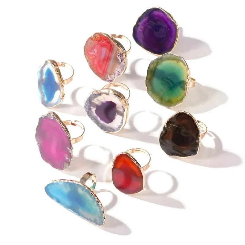 Colorful Agate Druzy Kyanite Raw Lapis Lazuli Slice Stone Ring Gold Plated Edge Labradorite Gemstone Ring for Women Men