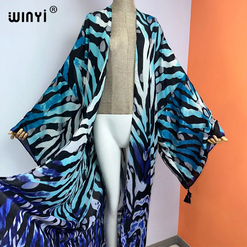 WINYI kobiety dorywczo afrykańskie frędzle Kaftan Gradient długi rękaw z nadrukiem plaża Boho długi sweter Cover-up letnie Kimono sukienka