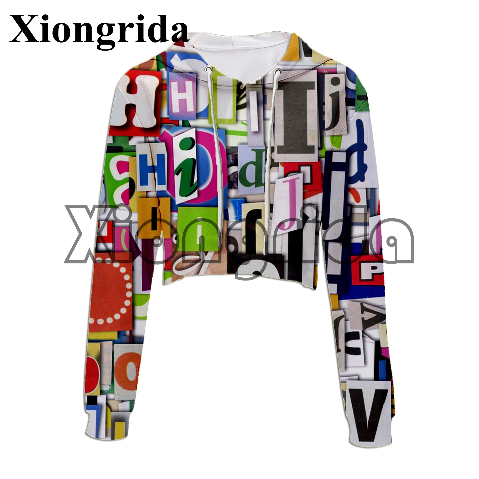 Novelty Newspaper Print Crop Top Hoodie Women Casual Long Sleeve Hooded Short Sweatshirt Sexy Crop Sweaters Y2K Hooded Pullover