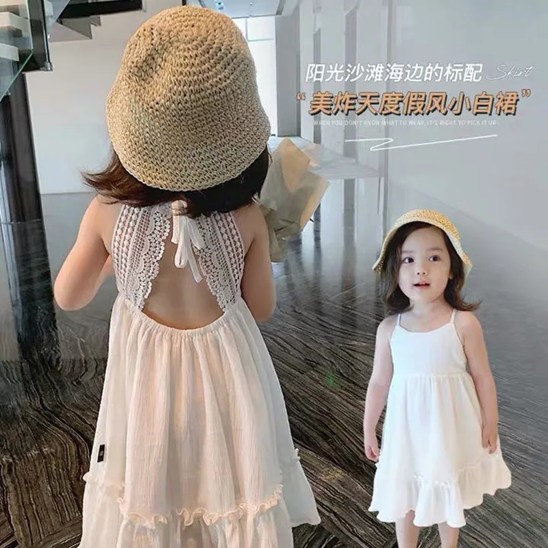 2-10 Years Girls Dress White Summer Backless Lace Chiffon Dress For Girls Elegant Princess Dress Birthday Gift Baby Kids Clothes