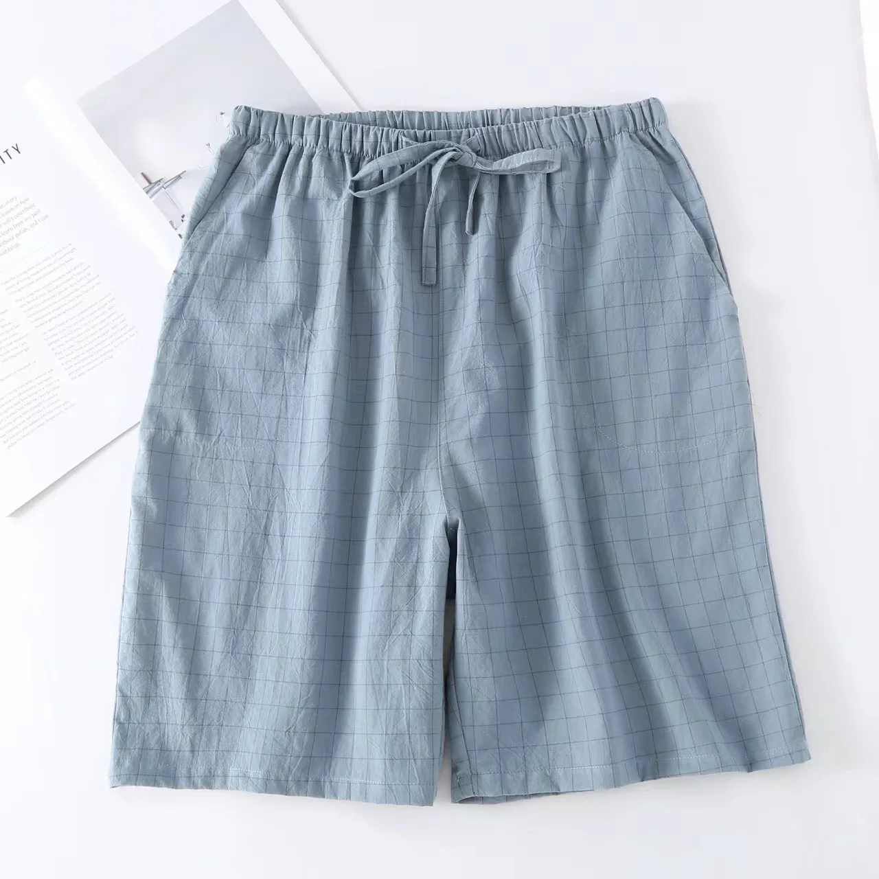 Sommer lässig 100% Baumwolle Herren Plaid Nachtwäsche Shorts lose dünne Schlaf hose Homewear atmungsaktive männliche Lounge Schlaf hosen