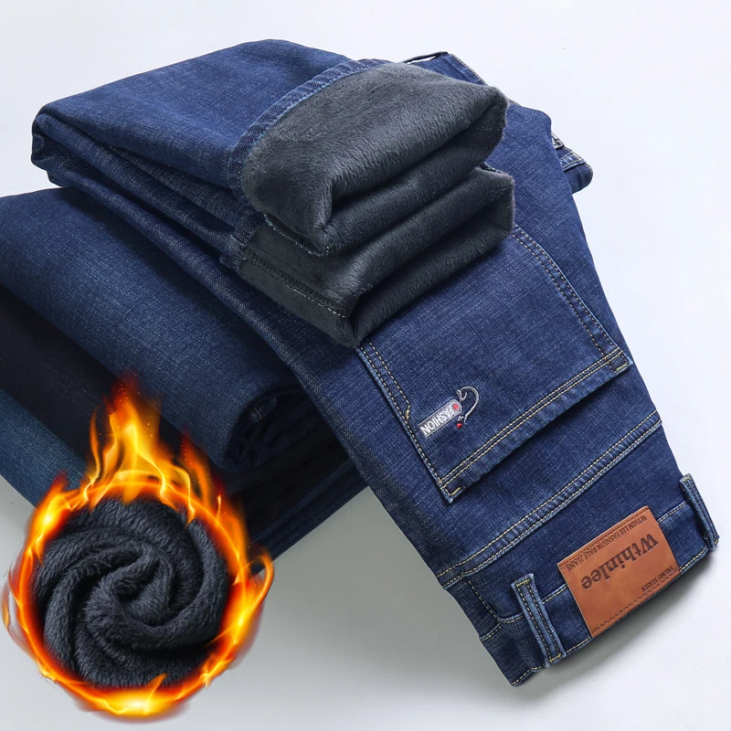 Winter Jeans Men's Fleece-lined Warm Business Men's Classic Loose Casual Elastic Straight All-Matching Thickened Pants