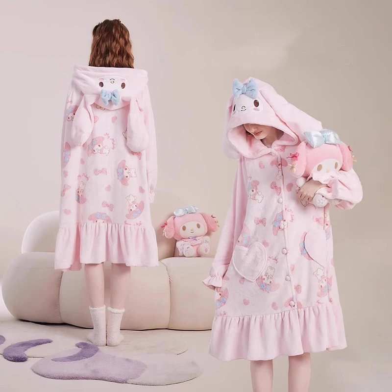 Women Robes Cute My Melody Cartoon Hooded Robes Warm Pajamas Coral Flannel Nightdress Girls Sweet Casual Nightgown Homewear