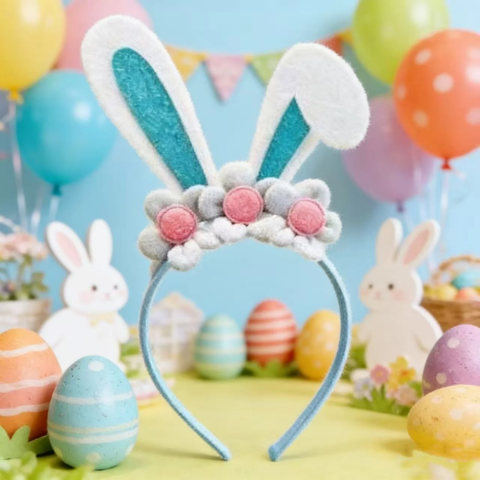 1PC Easter Bunny Ear Headband For Women Sparkling Glitter Rabbit Ear Hair Hoop With Flower Decor Cute Easter Hair Accessory view 2