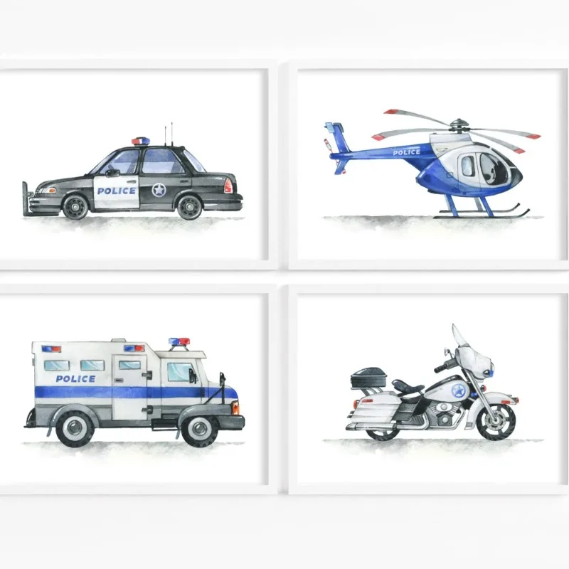 （2D Canvas painting） Helicopter Police Car Boy Nursery Transportation Art Poster Canvas Painting Wall Prints Picture for Livi