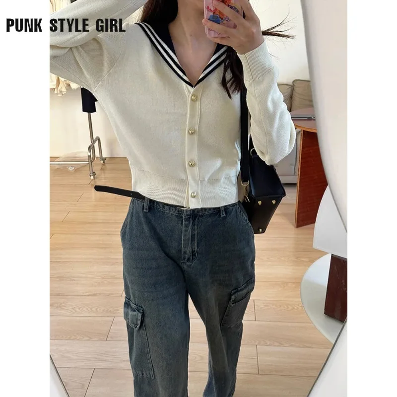 2024 Sailor Collar Vintage Women Cardigan Preppy Style Basic Sweater Korean Spring Knitwear White Jumper Japanese Aesthetic Tops