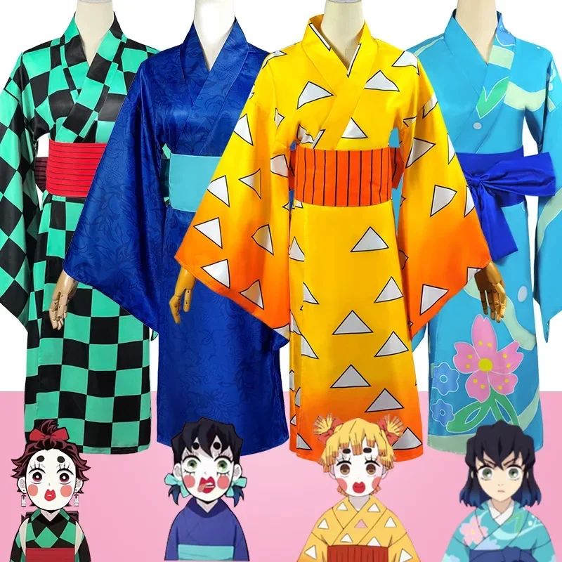 

Kimet-su No Yaiba Season 2 Agatsuma Zenitsu Kimono Anime Cosplay Costume Kamado Tanjirou Hashibira Inosuke Printed Kimono Dress