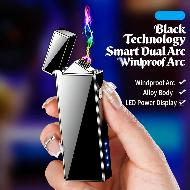 Sleek Black Tech Double Arc Lighter USB Rechargeable LED Battery Display, Windproof Plasma Ignition, Perfect for Daily & Camping