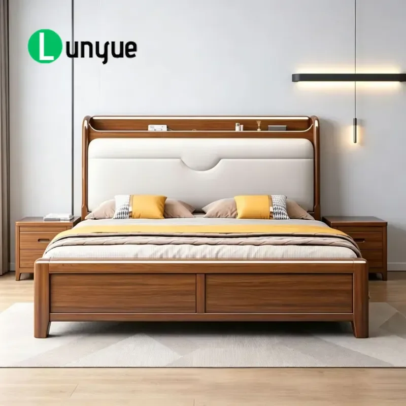 Modern Eco-Friendly Durable Rubber Wood Bed Double Size Soft Back High Box Storage Solid Wood Frame Platform Bedroom