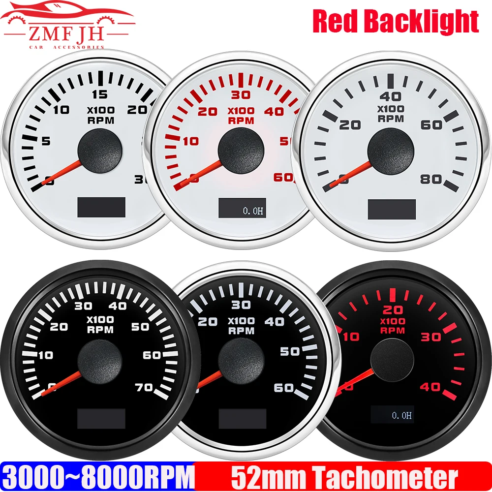 Tacômetro de 2 polegadas (52mm) com Luz Vermelha, Medidor de RPM para Barco, Marítimo e Carro 12V/24V - Personalizável