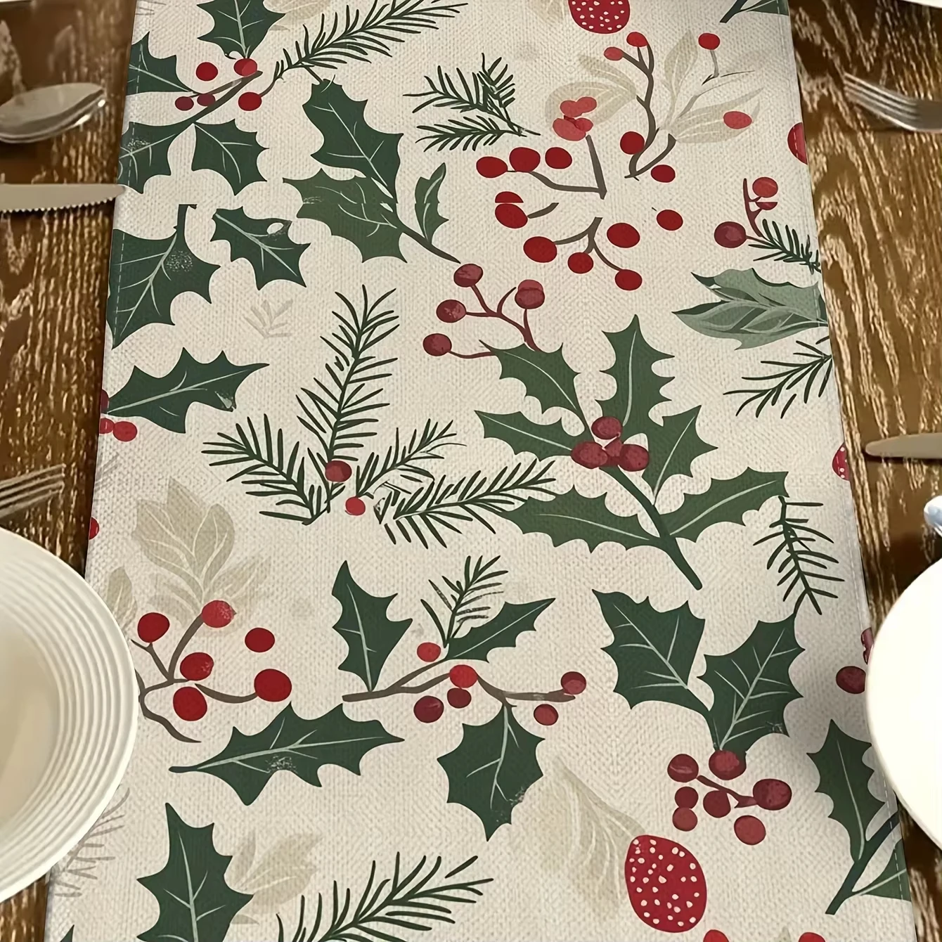 Bohemian Christmas Table Runner - Holly, Red Berries & Green Foliage | Rectangular Kitchen Dining Holiday Party Decor