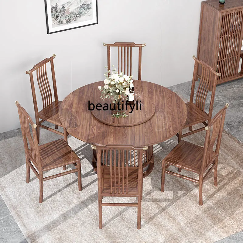 

Black Walnut round Table and Chair Combination Simple Solid Wood Dining Table Restaurant New Chinese Dining Table and Chair