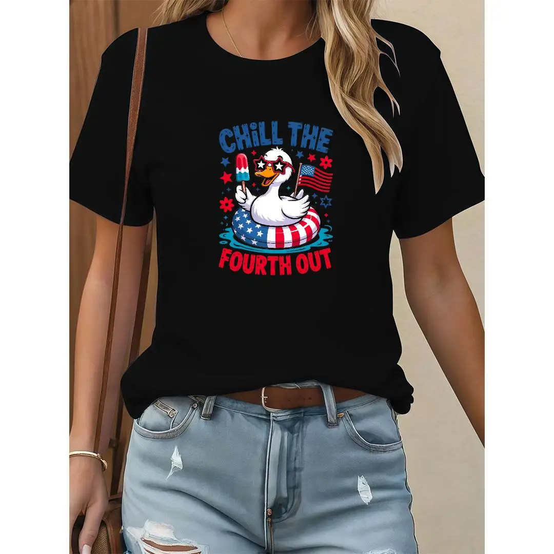 

Funny Duck T-shirt Chill Graphic Print American Style Oversized Tee Summer Casual Streetwear Tops Men Women