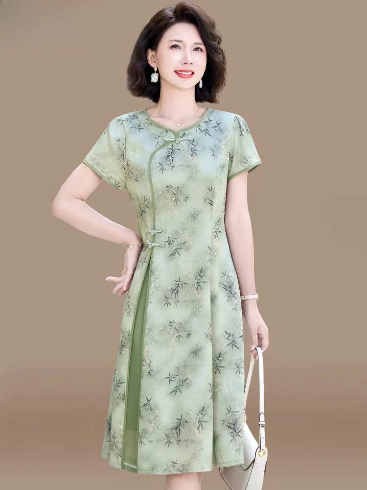 

Новое китайское летнее платье-миди с коротким рукавом для женщин среднего и старшего возраста, модное, свободного кроя, в стиле ципао