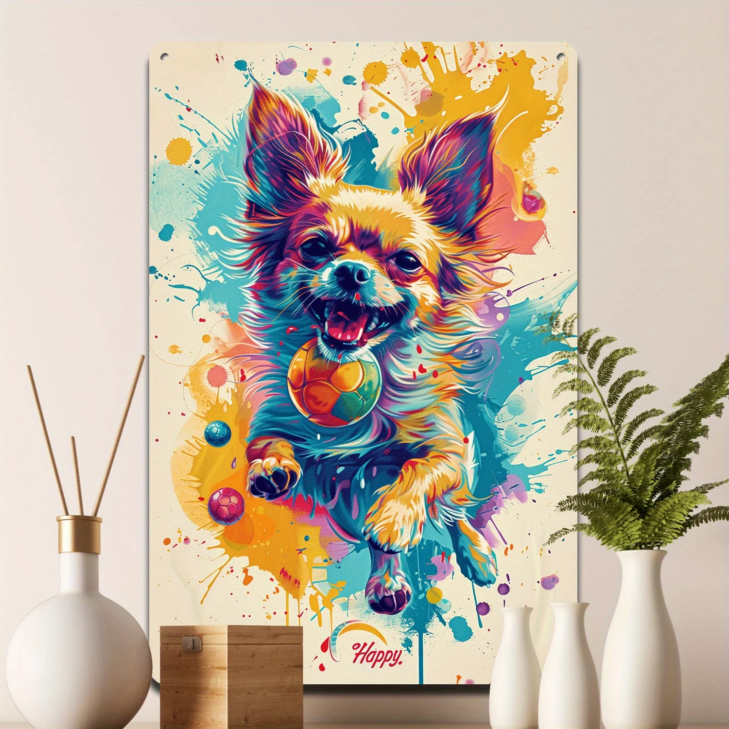 2D Flat 1pc 8x12 Inch(20cm X 30cm) Spirited Chihuahua Tin Sign Happy Chihuahua with Ball for Home and Spirited Decor Durable A