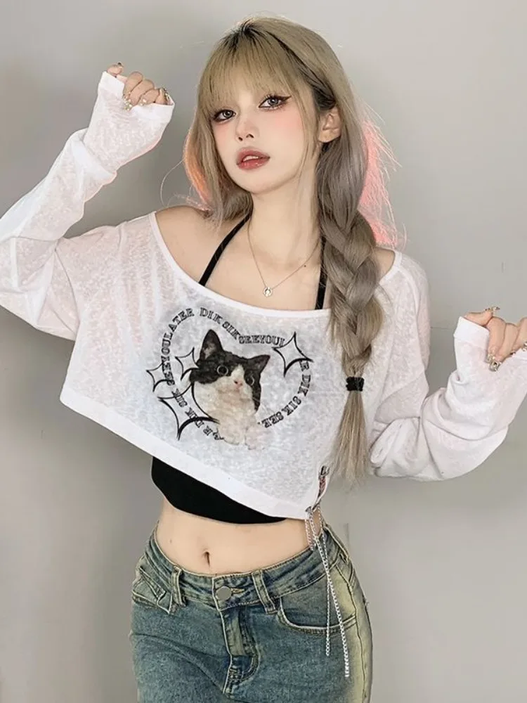 2024 Harajuku Casual Two Pieces Set Women Grunge Cat Printing Slash Neck Chain Crop T-shirt+Black Halter Y2k Aesthetic Tank Top